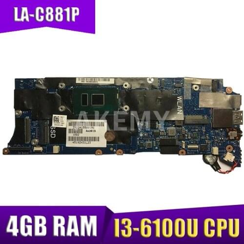 Akemy For DELL XPS 13 9350 laptop motherboard CN-07H0VJ 07H0VJ 7H0VJ AAZ80 LA-C881P Mainboard 13.3 inch I3-6100U CPU 4GB Ram