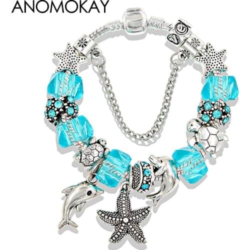Dropshipping 5 Colors Ocean Starfish Dolphin Bead Bracelet DIY Crystal Charm Bracelets & Bangles Fashion Jewelry Gift Pulseras