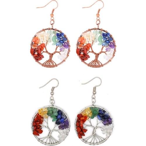 Tree of Life Chip Stone Earrings Copper Wire Wrapped Irregular Stone Earring Silvertone Plating French Wire