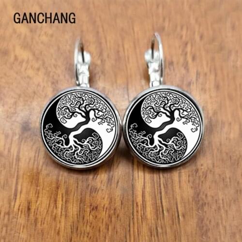 Ying Yang Tree of Life Tibetan Silver Photo, bronze cabochon glass earrings