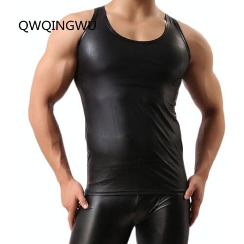 Sexy Mens T-Shirt Black Faux Leather Short Sleeve PU Undershirt Tank Top Vest Waistcoat Underwear Gay Male Undershirt