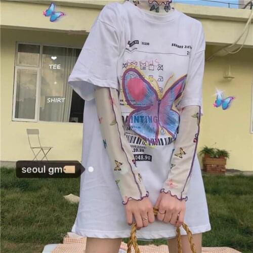 Super Chic Butterfly Printing Cotton White Tshirts Woman Oversized Tees Summer Girls Streetwear O-Neck 2021New Korean Style Tops