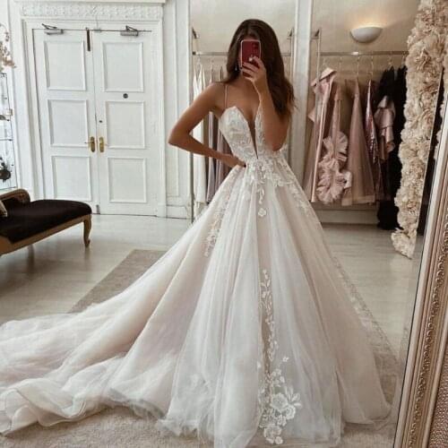 Plunging V Neck Low Back French Floral Lace Blush Wedding Dress Bridal Gown