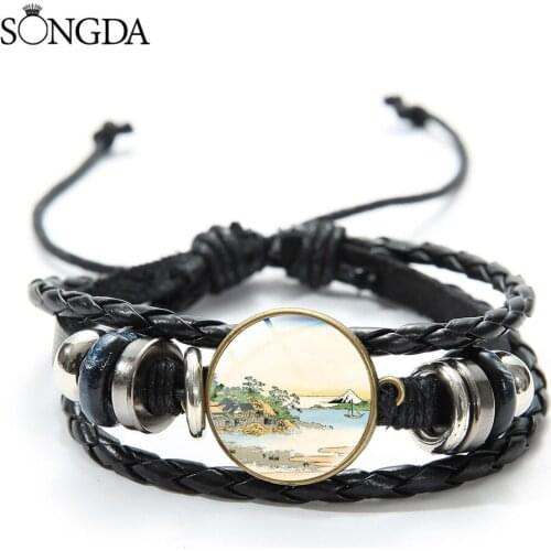 Fashion Japan Ukiyoe Ethnic Fuji Art Photo Bracelets For Women Multi Layer Leather Metal Beads Bracelet Jewelry