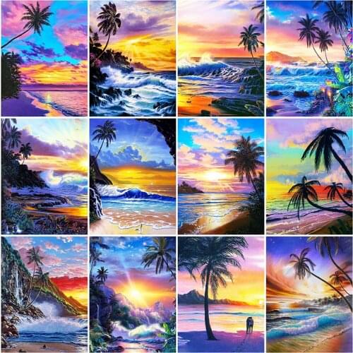 MomoArt DIY Diamond Mosaic Coconut Tree Full Drill Square Diamond Embroidery Seaside Needlework Mosaic Sunset Scenery Wall Decor