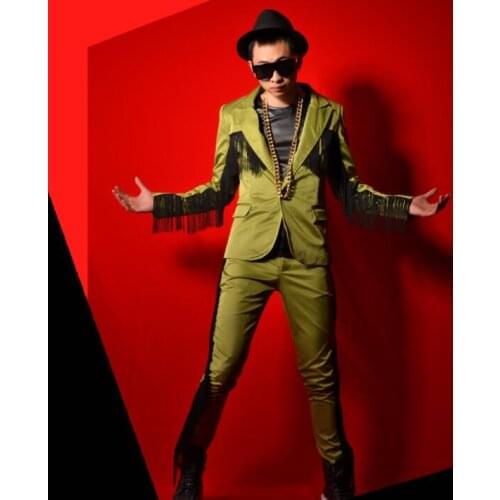Army Green Tassel blazer men suits designs jacket mens stage costumes for singers clothes dance star style dress punk rock