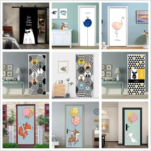 Cartoon Style Stickers on the Doors DIY Self-adhesive Wallpaper Vinyl Waterproof Wardrobe Renovation Decals Poster deurposter
