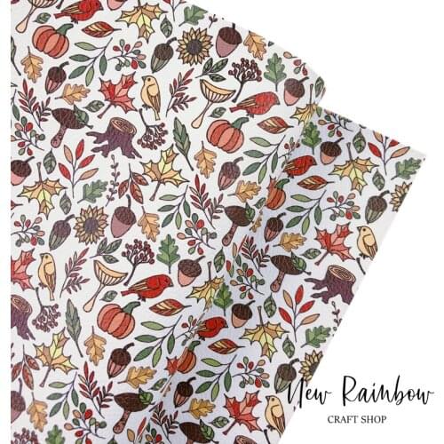 New Rainbow 30x138cm Autumn Forest Brids, Pumpkins Artisan Leatherette For Making DIY Crafts, Bows, Hairclips, Buttons