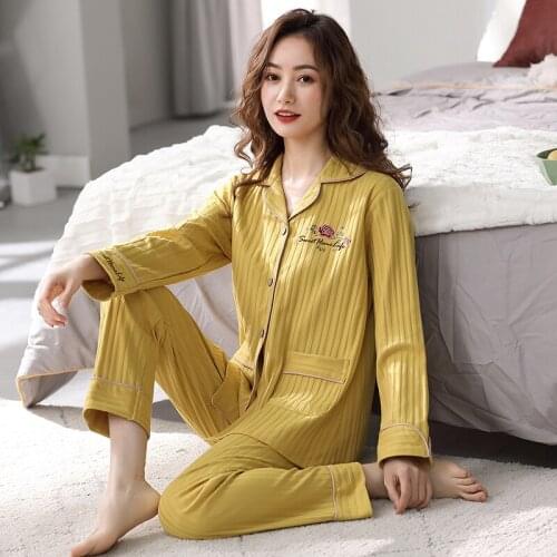 New Knitted Cotton Women Pajamas Set Spring Sleepwear Long Sleeve Turn-down Collar Elegant Homewear Plus Size Womens Pyjamas