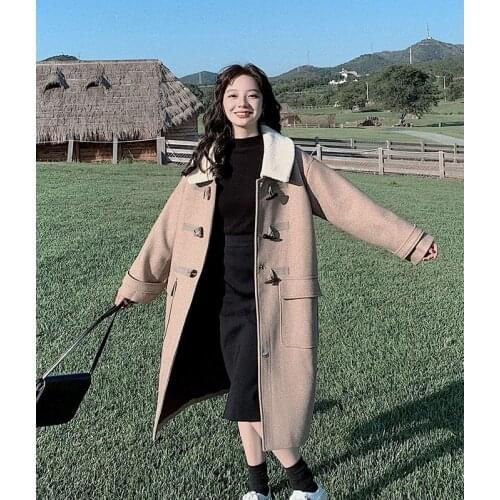 Solid Color Lapel Women Jacket Coat Female 2021 Winter New Woolen Plus Long Fashion Horn Buckle Loose Wool Comfort Thick