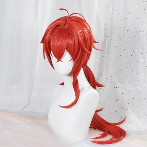 Genshin Impact Diluc Cosplay 65cm Long Red Wig Cosplay Anime Cosplay Wigs Heat Resistant Synthetic Wigs + Wig Cap