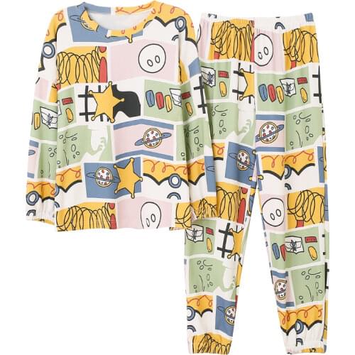 Autumn Spring Cotton Sleepwear Cartoon Printing Woman Pajamas Set Woman Clothes Casual Style Cartoon Printing Pajamas for Woman