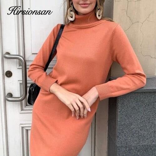 Hirsionsan Winter Warm High-Neck Elastic Knit Midi Dresses Women 2021 Fashion Elegant Chic Lady Sweater Dresses Women Robe Femme