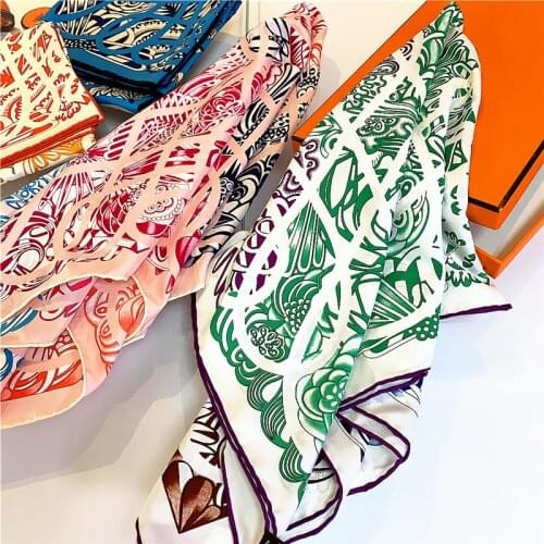 90cm womens professional twill square scarf handmade curling geometric waves turban gift hoofddoekMoslimaSilk shawls long scarf