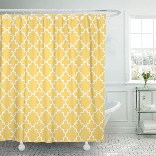 Yellow White Traditional Quatrefoil Lattice Pattern Raster of Teal Shower Curtain Waterproof Polyester Fabric 72 x 72 Inches