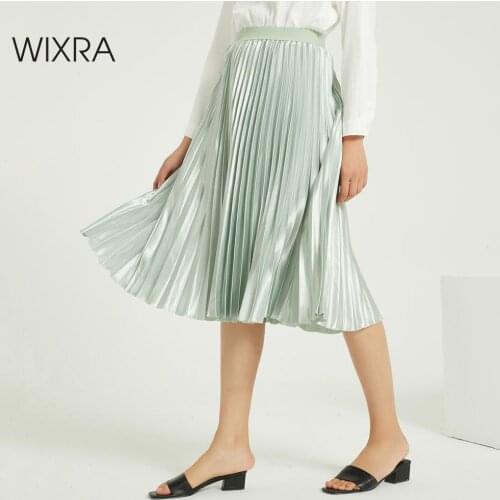 Wixra Solid Pleated Satin Skirts Elegant High Elastic Waist Loose A Line Shiny Skirt For Ladies Autumn Winter