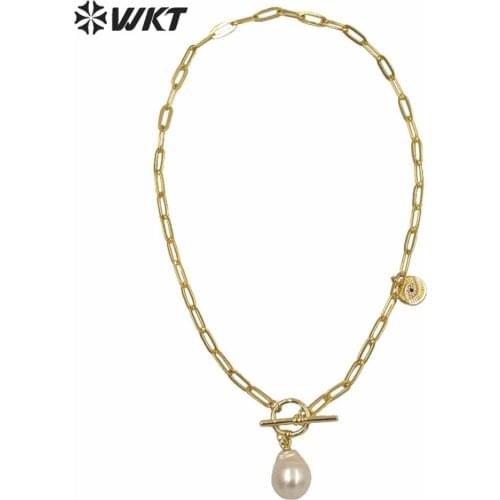 WT-JN129 WKT NEW design gorgeous chunky chain natural freshwater baroque pearl necklace resist tarnishable gold pearl necklace
