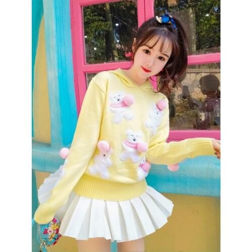 Japanese Soft Girl Autumn Winter Kawaii Candy Color Harajuku Style Sweater Christmas Cartoon Hooded Rabbit Ears Knitted Sweaters