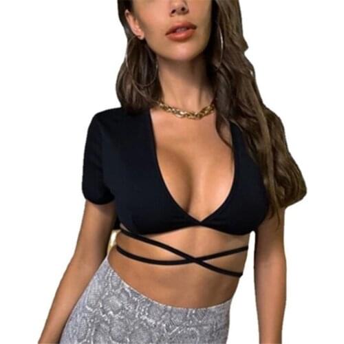 YGYEEG New Casual Basic Women T-Shirts Short Sleeve Deep V Neck Slim Fit Bandage Pullovers Solid Sexy Club Streetwear Crop Tops