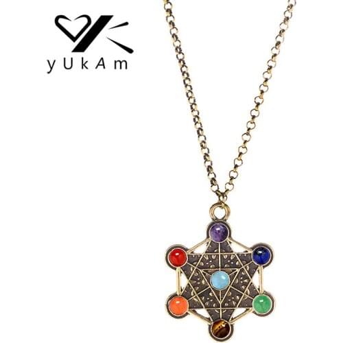 YUKAM Jewelry Hollow Gold 7 Chakra Stones Reiki Healing Balancing Buddha Pendant Necklaces Six Star Hexagram Necklaces for Women