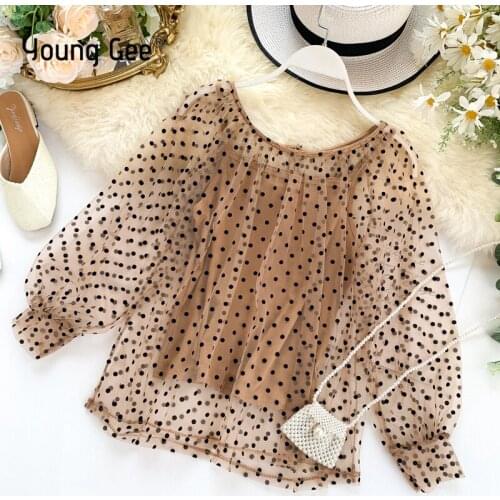Young Gee Women O-neck Transparent Mesh Blouse Shirt Long Sleeve Black Polka Dots Shirts 2019 Spring Summer Sexy Blouses Tops