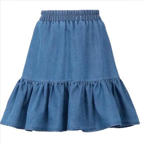 Elastic High Waist Summer Women Denim Mini Skirt Fashion All-Match A-linen Ruffles Skirts Plus Size M-7XL Blue Black