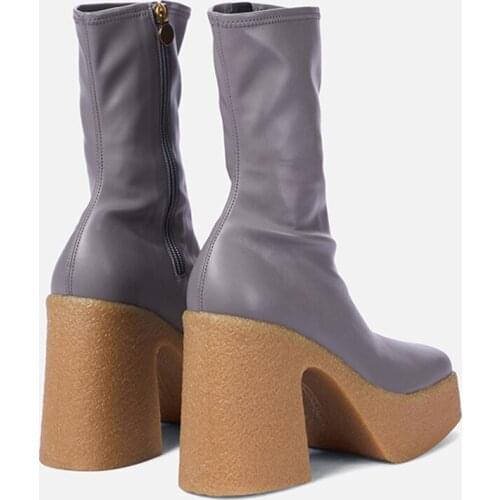 MUMANI Woman‘s Modern Boots Platform Super High Heel 9CM Concise Thin Square Toe Leather Martin Square Heel Stretch ANKLE Boots