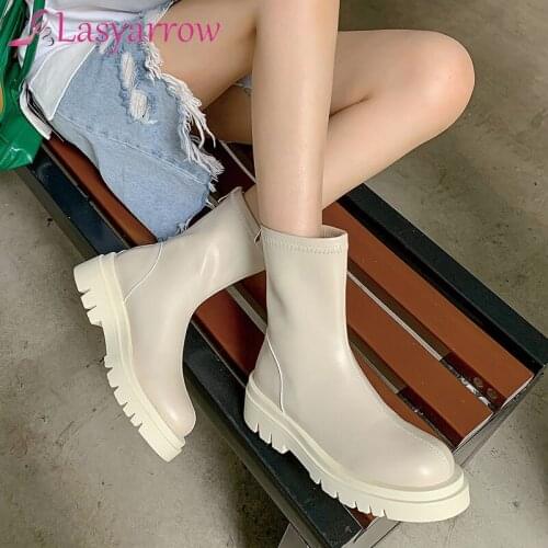 Lasyarrow Women Short Boots Fashion Platform Pu Leather Platform Heel Winter Shoe Woman Elastic Casual Lady Footwear Size 43