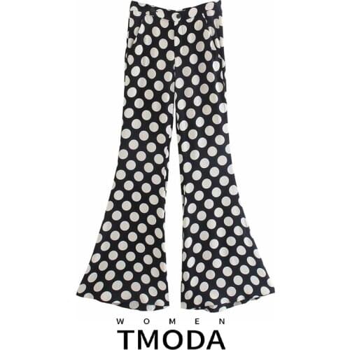 TMODA1927 Za Women Vintage Polka Dots Print Casual Flare Pants Female Chic Zipper Fly Retro Long Trousers Pantalones Mujer