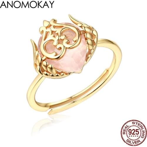 Anomokay New Openwork Heart Wing Pink Crystal Gold Color Rings Fashion 925 Sterling Silver Free Size Ring for Women Lovers Gift
