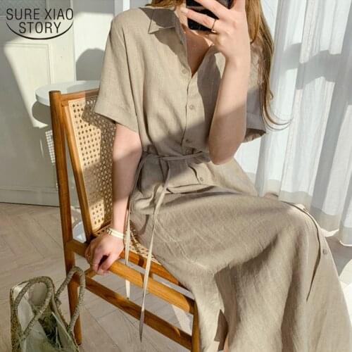 Vintage Simple Loose Waist Single-Breasted Short Sleeve Solid Linen Shirt Long Dresses 2021 Fashion Women Shirt Dress 9662