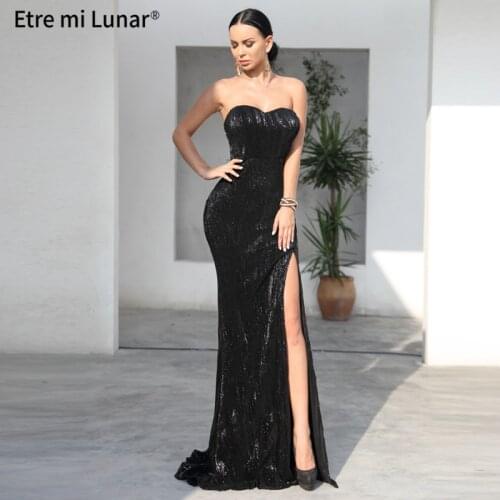 2020 Sexy Black Off Shoulder Sleeveless Evening Dress Higth Slit Mermaid Glitter Evening Gown LE4005