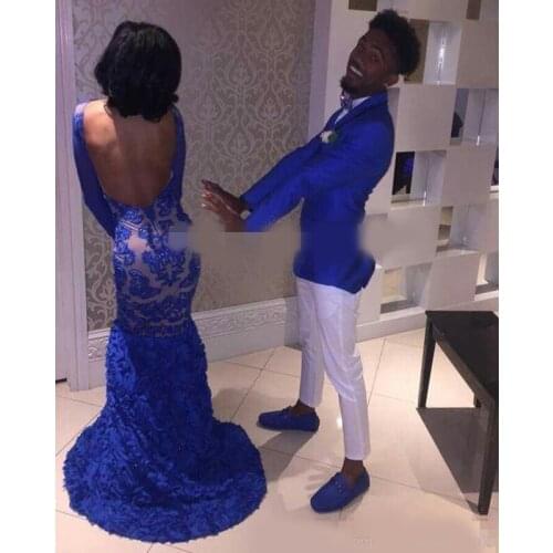 2020 Royal Blue Lace Prom Evening Dresses For Black Girl Mermaid Bateau Illusion Long Sleeves Vestidos de Fiesta Formal Evening