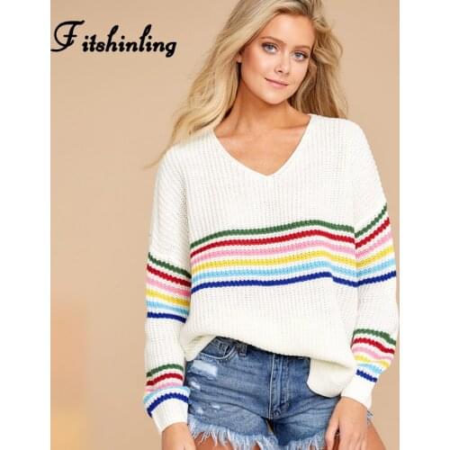 Fitshinling Winter Fashion Womens Sweaters 2020 Rainbow Striped Slim Pullovers Korean Style Knitted Jumper V Neck Pull Femme