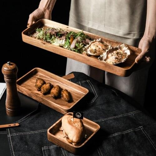 1Pcs Acacia Wood Serving Tray Square Rectangle Breakfast Sushi Snack Bread Dessert Cake Plate With Easy Carry Grooved Handle