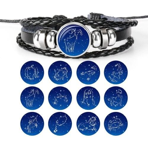 12 Zodiac Constellation Time Gem Stone Leather Hand Woven Bead Pisces Aries Scorpius Libra Virgo Bracelets Birthday Gift For Men