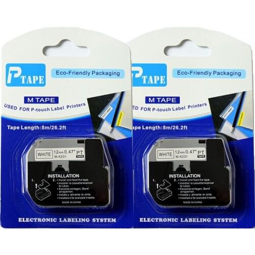 2PK Free shipping MK-231 M231 Compatible p-touch M Tape M-K231 12mm*8m Black on White Adhesive MK231 tape