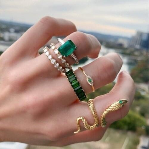 6pcs/set Creative Green Diamond Serpentine Ring Retro Zircon Joint Ring For Womens Fashion Jewelry Set Gift