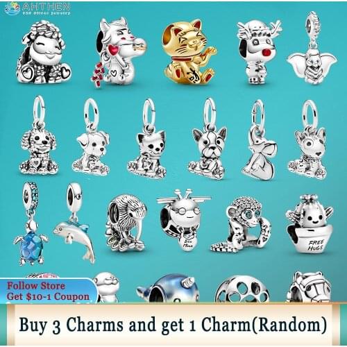 Ahthen 925 Sterling Silver Beads Sheep Cat Rabbit Puppy Charms fit Original Pandora Bracelets for Jewelry Making Girl Gift