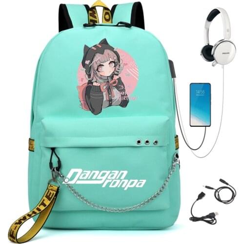 Anime Danganronpa: Trigger Happy Chain Backpack For Women USB Charge Canvas Student Backpack For Teenagers Boys Girls School Bag