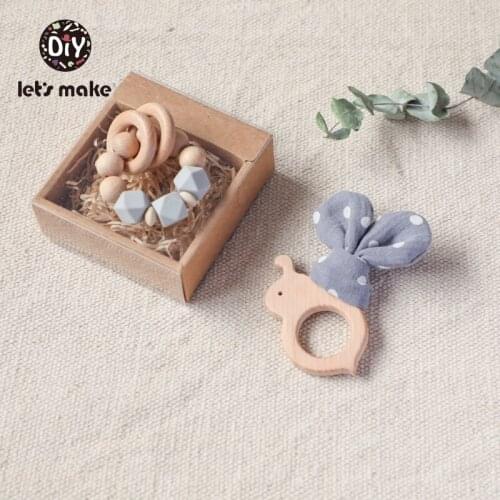Lets Make Baby Teether Hexagon Silicone Beads 2pcs/set Gift Box Bracelet Bow Bee Bunny Ear Food Grade PVC Free Wooden Rodent