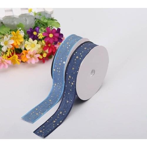 New Two-Tone Medium Ribbon 2.5 cm Wide Denim Gold Stars Print Sky Blue Bedroom Decoration Material Ribbon Sewing Home Webbing