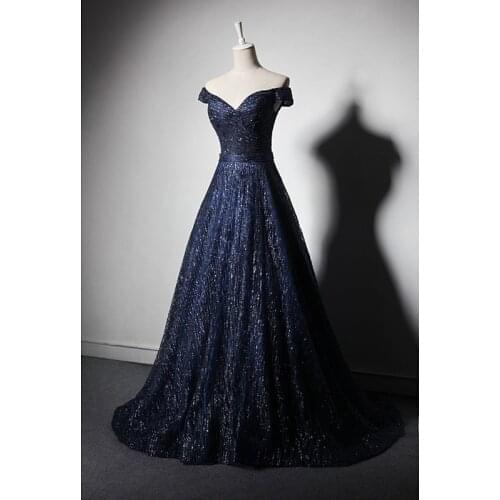 Elegant Navy Blue Evening Dress Strapless Lace-up Back Shining Tulle Prom Gowns