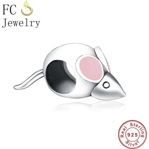 FC Jewelry Fit Original BrandCharm Bracelet 925 Sterling Silver Animal Mouse Pink Enamel Ear Little Tail Beads Berloque 2019