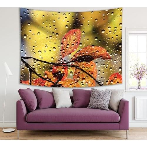 Tapestry Trees Branch with Yellow Leaves Autumn Day Nature View through Raindrops Covered Window