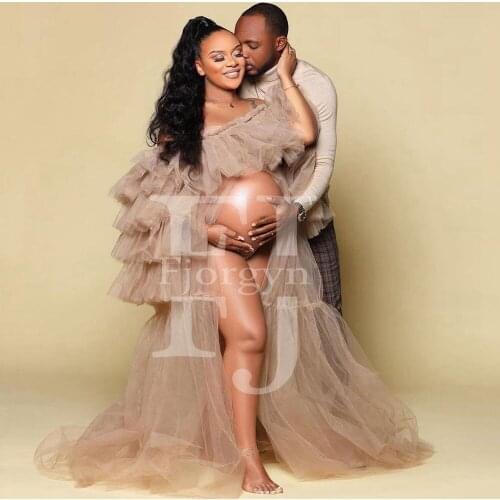 2020 Unique Tulle Maternity Robes Women Long Sheer Maxi Photoshoot Fluffy Tiered Tulle Dresses Formal Event Various ways to wear