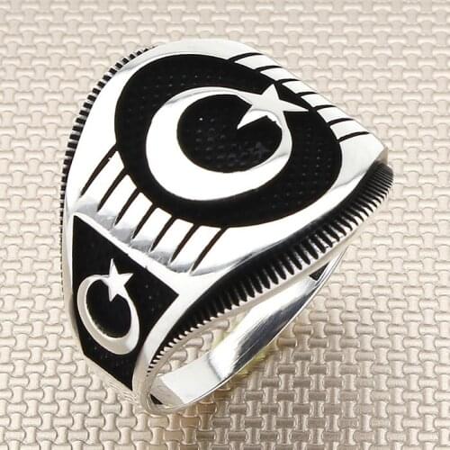 Sterling Silver Crescent Star Motif Ring Turkish For Men Made in Turkey