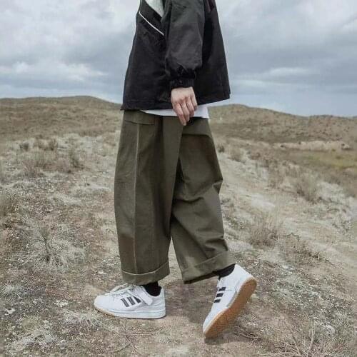 Japanese Style Mens Retro Loose Overalls Casual Pants Elastic Waist Black Color Trousers Fashion Trend Baggy Wide Leg Pants