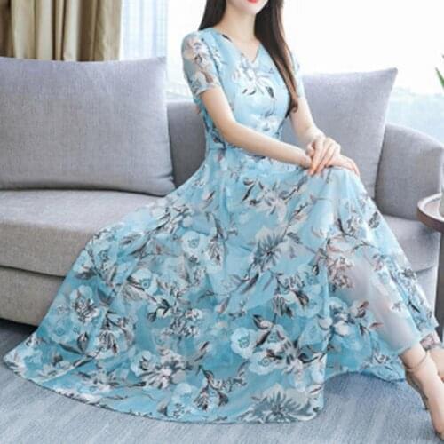 70% Hot Sell Summer Women Dress Waist Tight Short Sleeve Floral Print Midi Dress Streetwear for Party