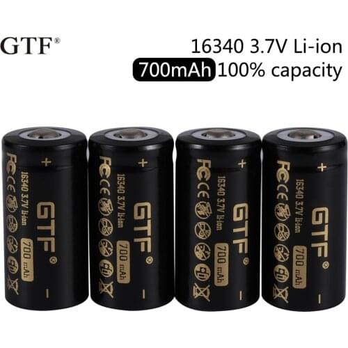 Li-ion rechargeable battery with capacity 2020 v, gtf 16340, 700mah, 100% v, for led head flashlight, new, 3.7